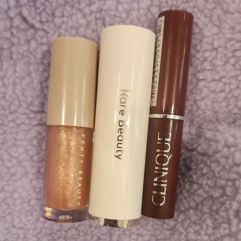 Fenty Beauty Gloss, Rare Beauty Lipstick, Clinique Lip Balm Set